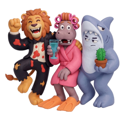 Three friends in silly costumes laughing