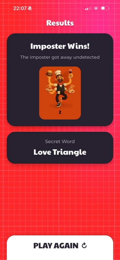 Imposter game results screen showing the secret word